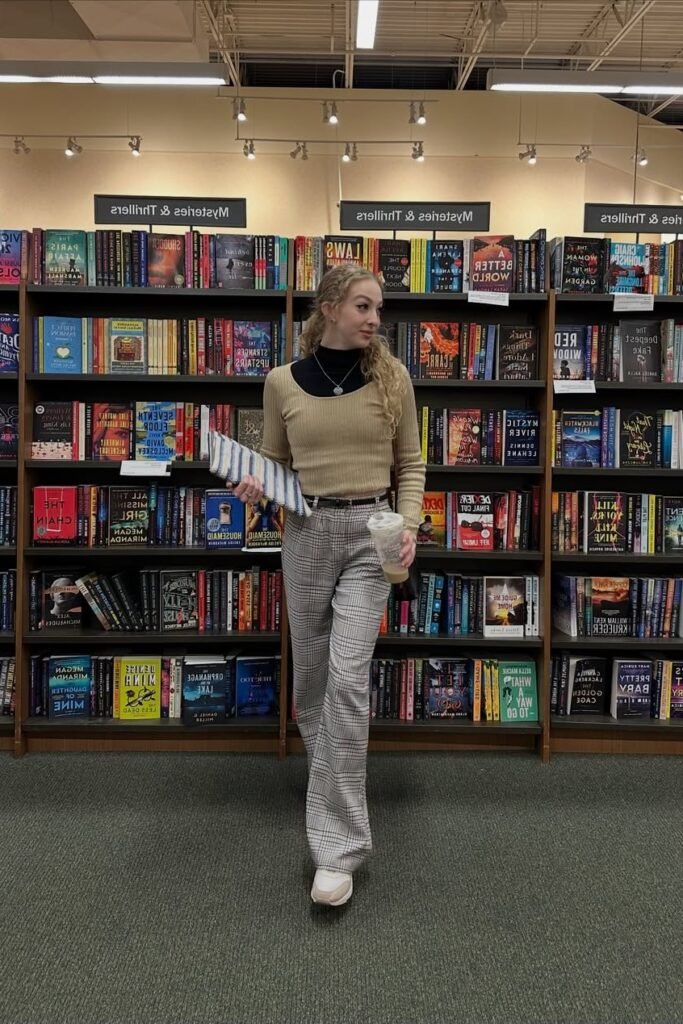 Tan Scoop-Neck Top + Black Turtleneck Layer + Grey Plaid Trousers + White Sneakers