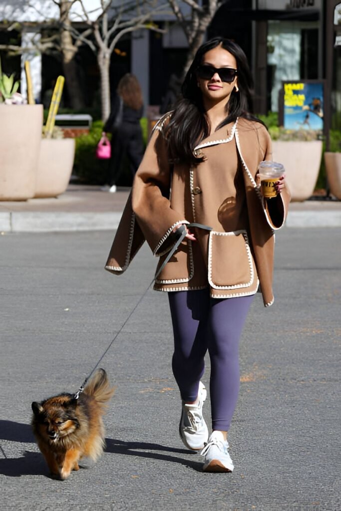 Tan Stitch-Trim Jacket + Lavender Matte Leggings + White Sneakers