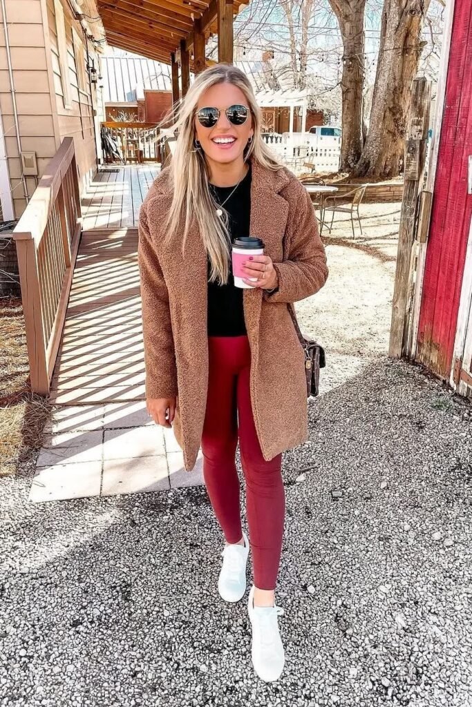 Tan Teddy Coat + Black Top + Deep Red Leggings + White Sneakers