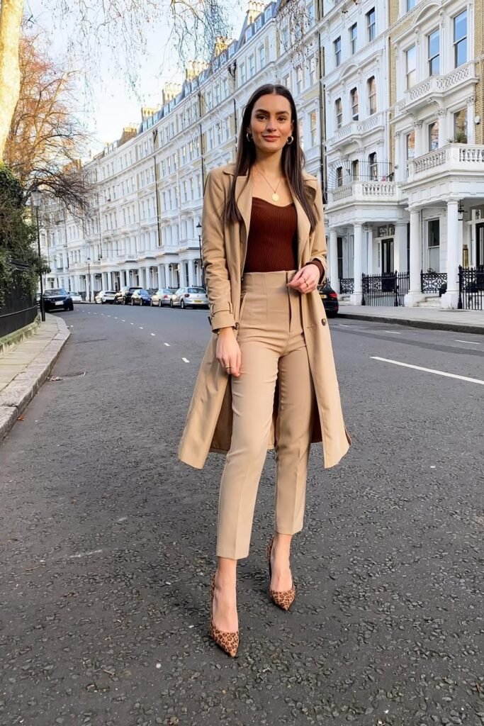 Tan Trench Coat + Dark Brown Ribbed Bodysuit + Tan High-Waisted Tapered Trousers + Leopard Print Pointed-Toe Heels