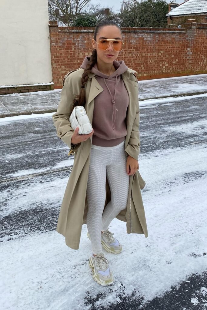 Tan Trench Coat + Mauve Hoodie + White Textured Honeycomb Leggings + Chunky Beige Sneakers