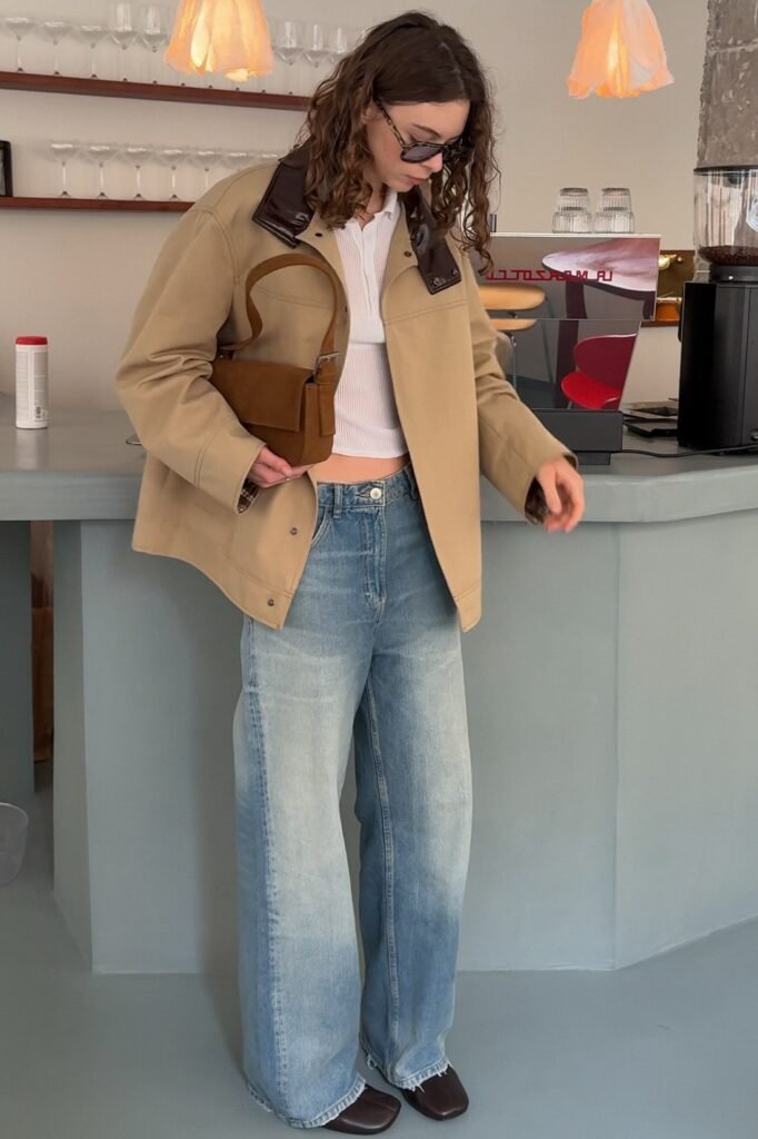 Tan Utility Jacket with Leather Collar + Light Wash Wide-Leg Jeans + White Ribbed Polo + Brown Square-Toe Boots