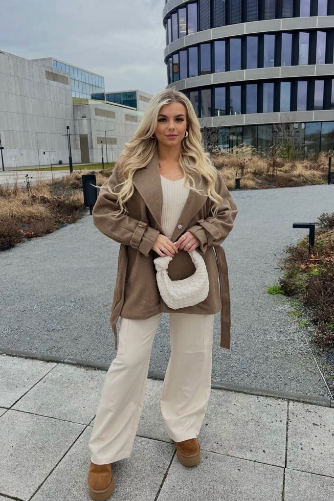 Taupe Belted Short Coat + Ribbed Cream Top + Off-White Wide-Leg Trousers + Tan Platform Boots