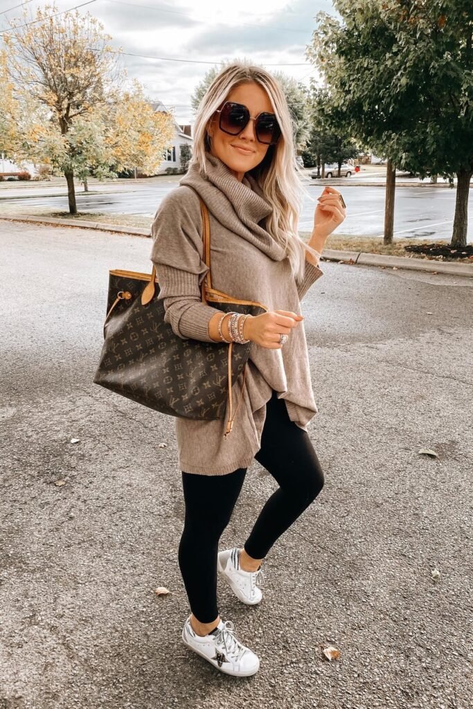 Taupe Cowl Neck Poncho Sweater + Black Leggings + White Star Patch Sneakers