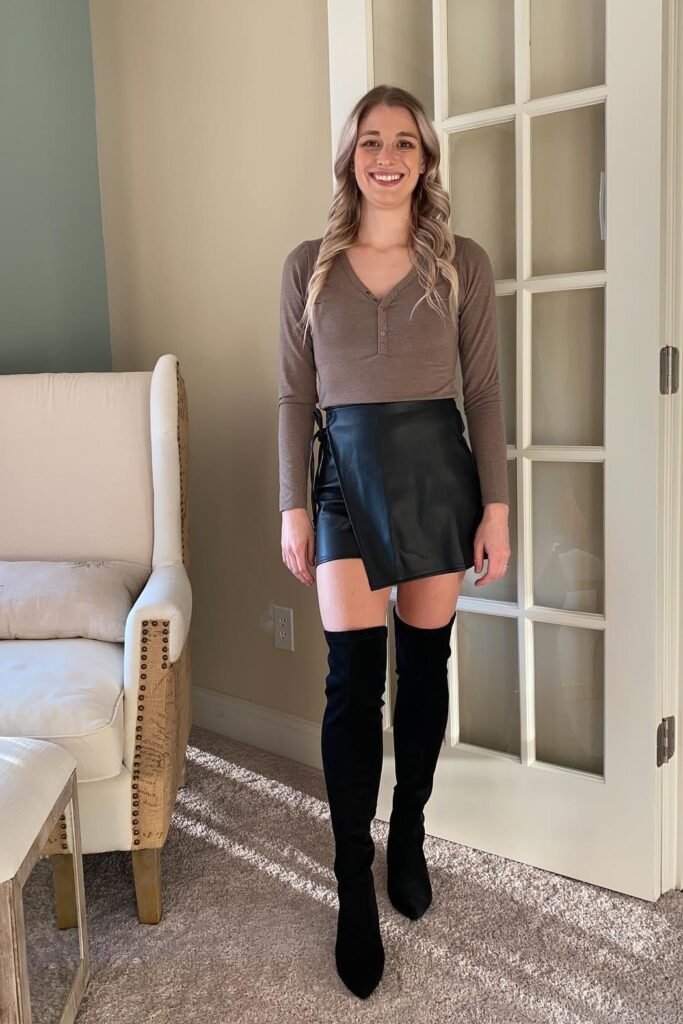 Taupe Henley Long-Sleeve Top + Black Faux-Leather Wrap Skort + Black Over-the-Knee Boots