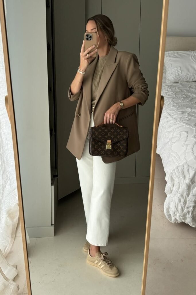 Taupe Oversized Blazer + Olive Ribbed Top + White Straight-Leg Jeans + Beige Sneakers