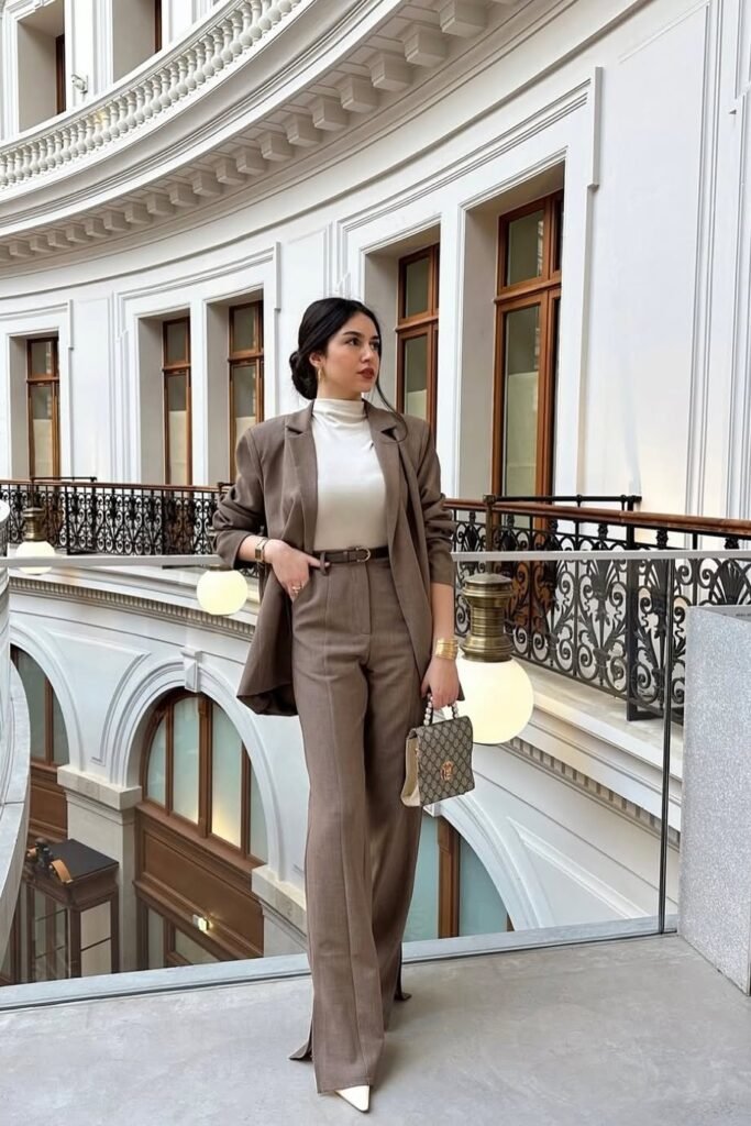 Taupe Oversized Blazer + White Mock-Neck Top + Taupe Wide-Leg Trousers