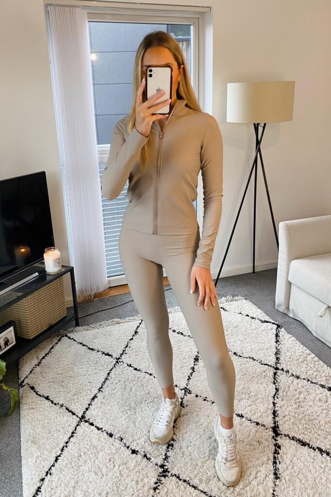 Taupe Ribbed Zip-Up Jacket + Matching Taupe Leggings + White Sneakers