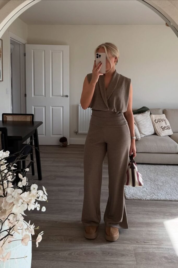 Taupe Sleeveless Wrap Top + Taupe Wide-Leg Trousers + Brown Platform Sandals