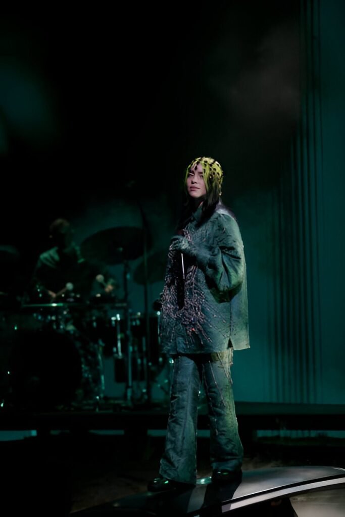 Textured Green Oversized Button-Up + Matching Distressed Trousers + Black Platform Shoes