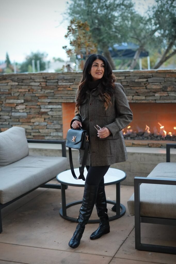 Textured Grey Wool Coat + Black Leggings + Tall Black Leather Boots