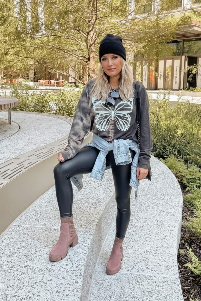 Tie-Dye Graphic Sweatshirt + Black Faux Leather Leggings + Mauve Lug Sole Boots