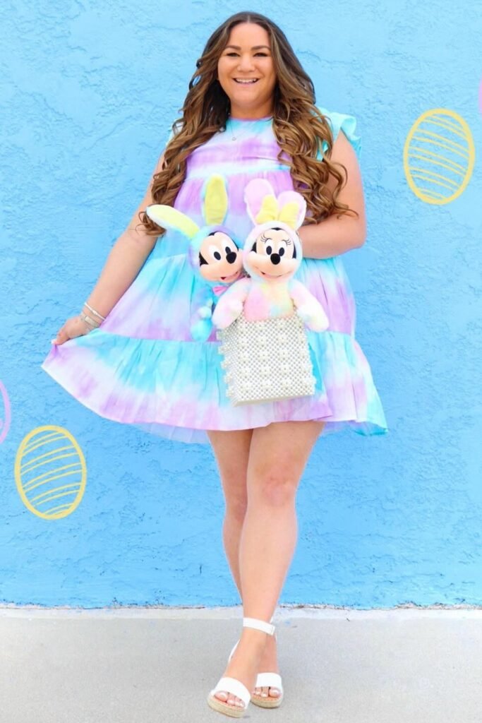 Tie-Dye Pastel Ruffle Mini Dress + Pearl-Embellished Box Bag + White Platform Sandals