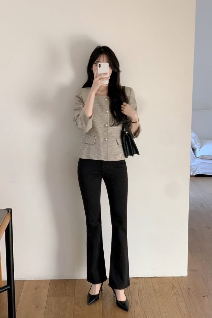 Tweed Square-Neck Jacket + Black Flared Trousers + Black Pointed-Toe Pumps