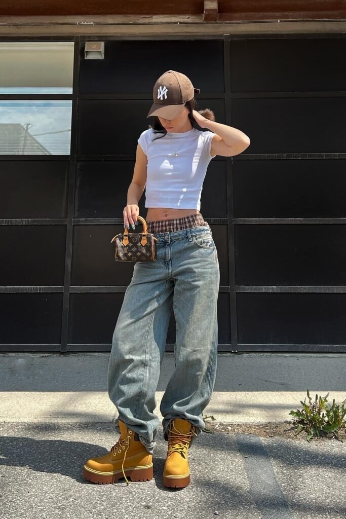 White Baby Tee + Wide-Leg Grey Jeans + Tan Platform Boots