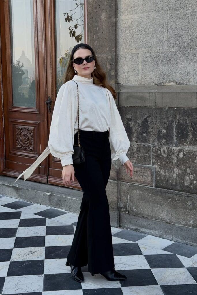 White Balloon-Sleeve Blouse + Black High-Waisted Flare Trousers + Black Pointed Boots