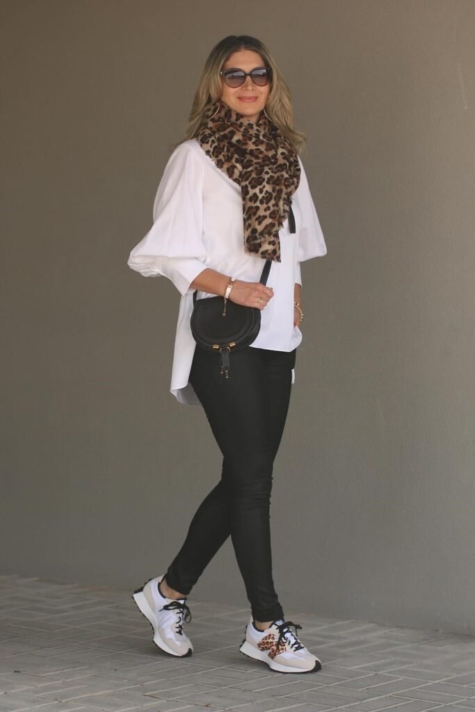 White Balloon Sleeve Blouse + Black Skinny Trousers + Leopard Print Detail Sneakers + Leopard Print Scarf