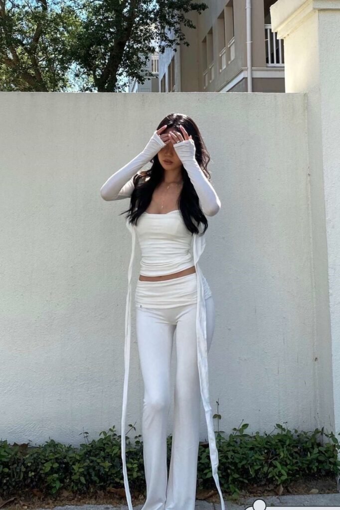 White Bandeau Top with Long Sleeves + White High-Waisted Flared Trousers