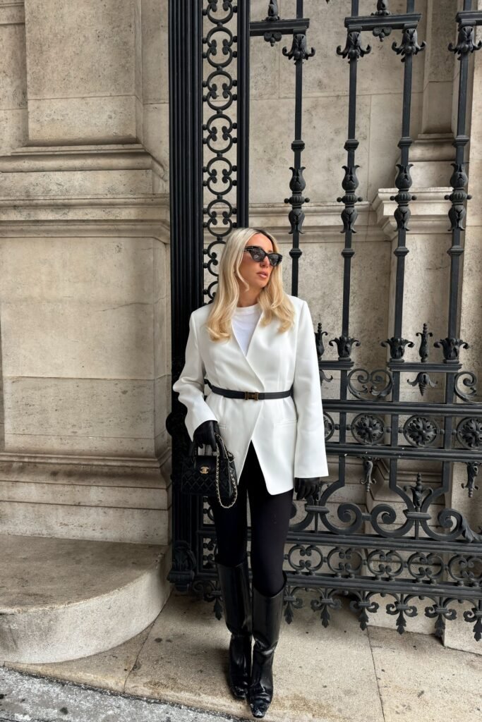 White Belted Blazer + Black Leggings + Black Knee-High Boots