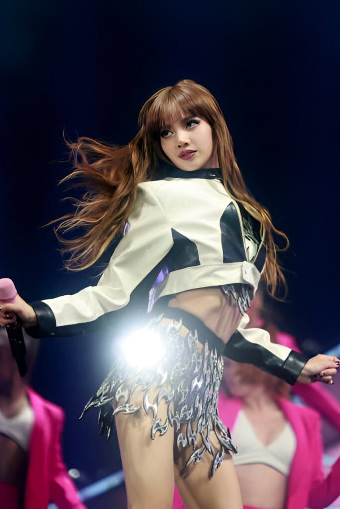 White & Black Biker Jacket + Silver Flame-Cut Mini Skirt + Black Boots