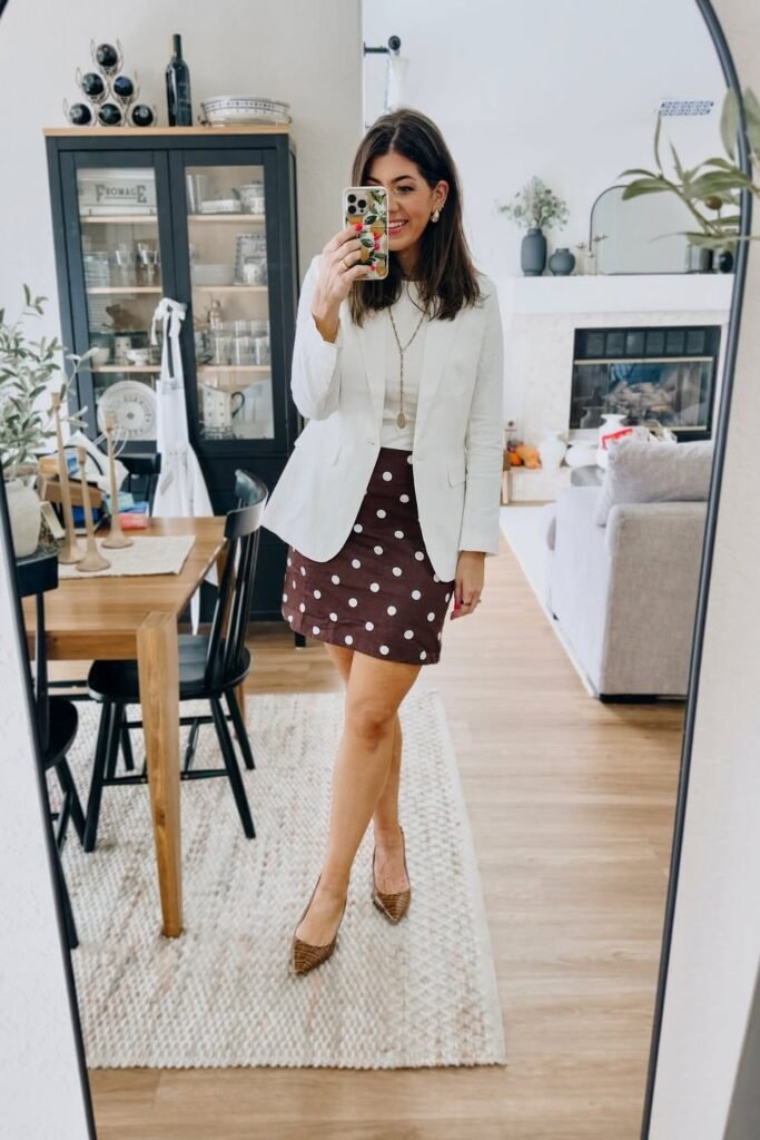 White Blazer + White Crewneck Top + Burgundy Polka Dot Mini Skirt + Brown Croc-Print Heels