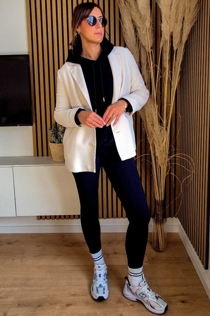 White Blazer over Black Hoodie + Black Leggings + White Athletic Sneakers