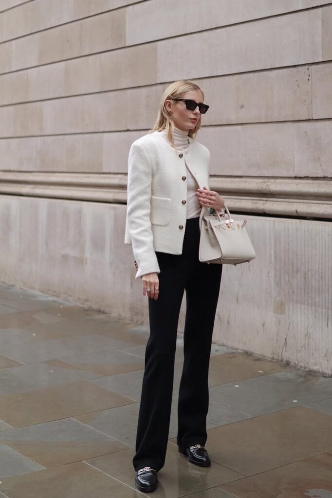 White Bouclé Jacket + Black Wide-Leg Trousers + Black Loafers
