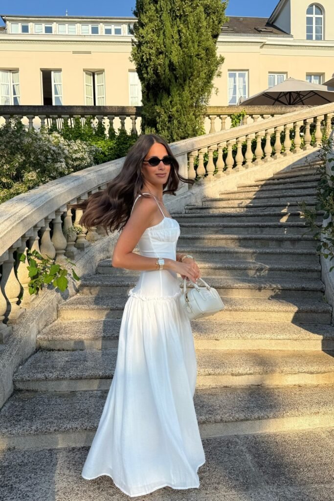 White Bustier Maxi Dress + White Handbag + Black Sunglasses