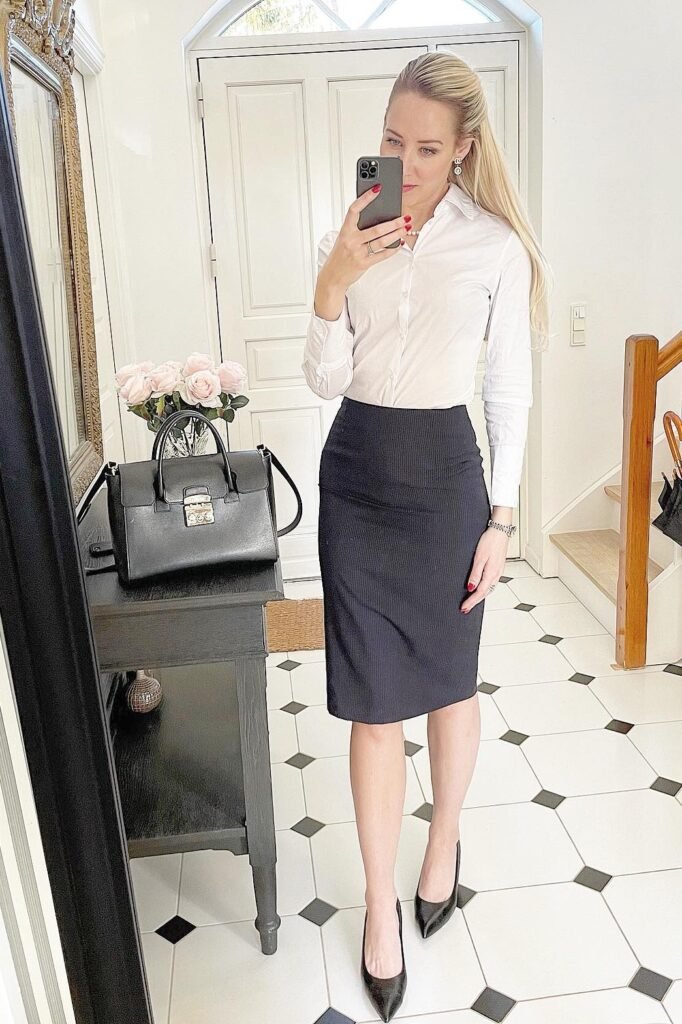  White Button-Down Shirt + Black Pencil Skirt + Black Pointed Pumps