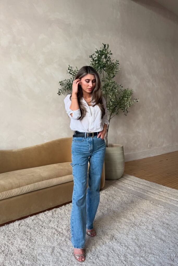 White Button-Down Shirt + Medium Wash Straight-Leg Jeans + Silver Strappy Sandals