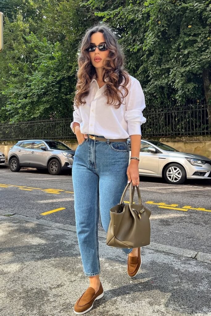 White Button-Down Shirt + Medium Wash Tapered Jeans + Brown Suede Loafers