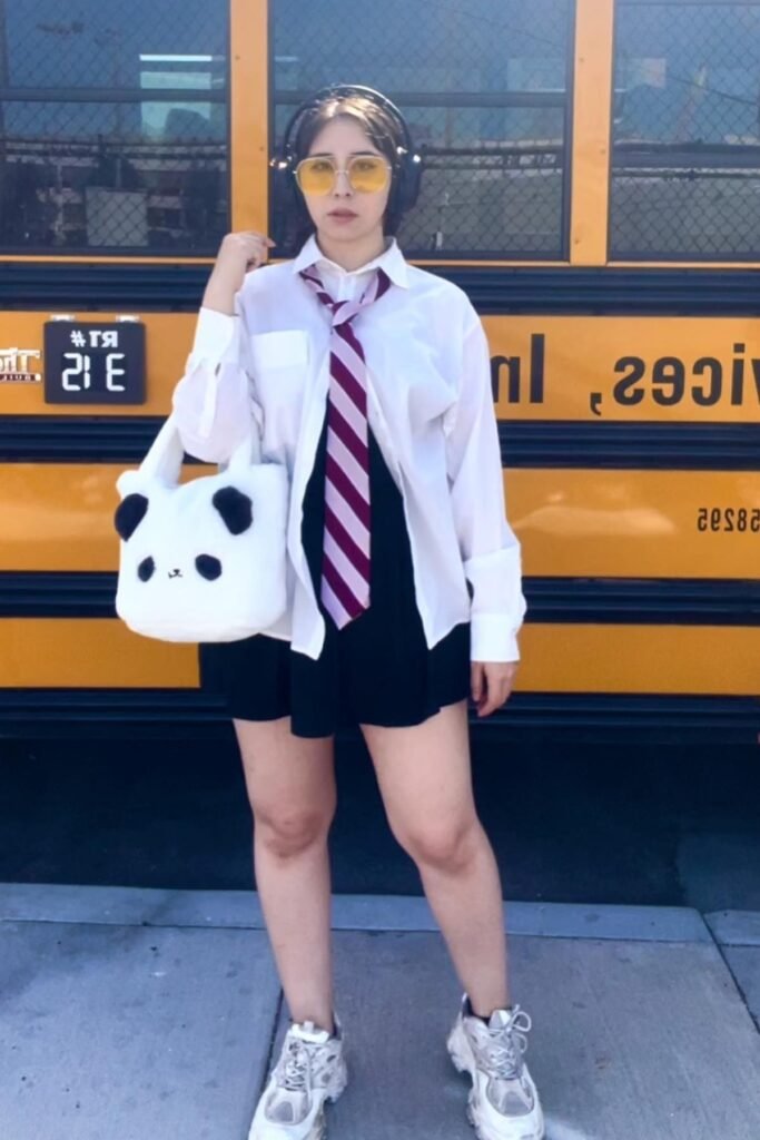 White Button-Down Shirt + Striped Necktie + Black Mini Skirt + Chunky White Sneakers