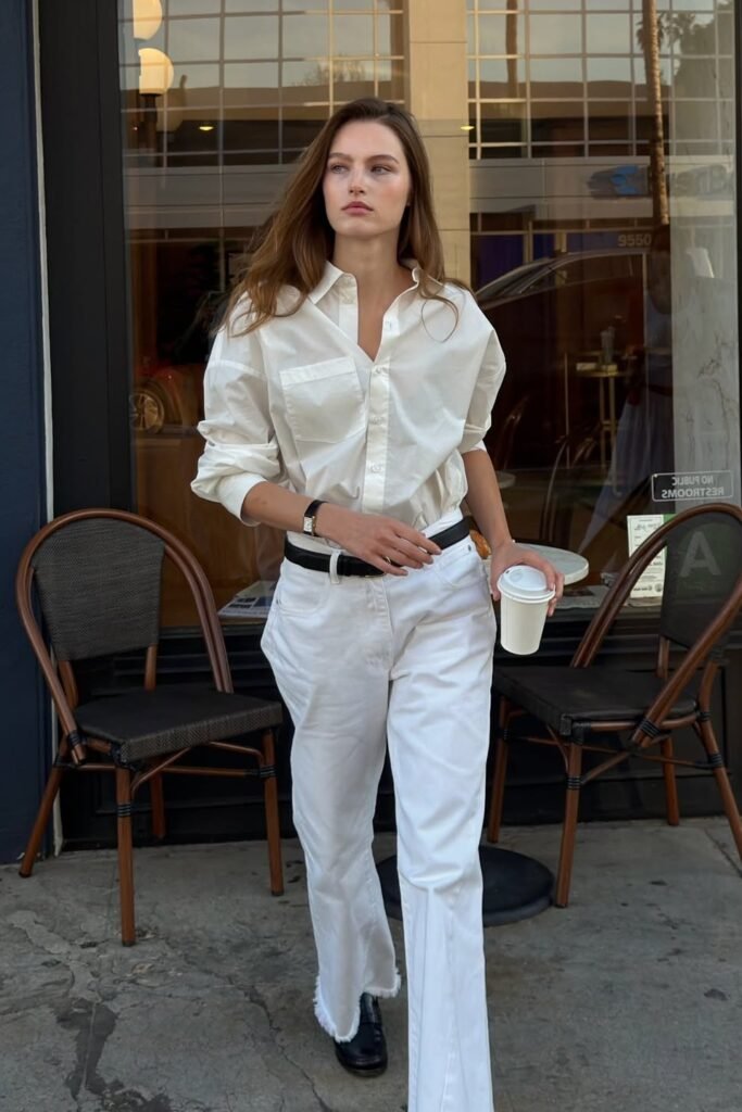 White Button-Down Shirt + White Frayed-Hem Jeans + Black Loafers