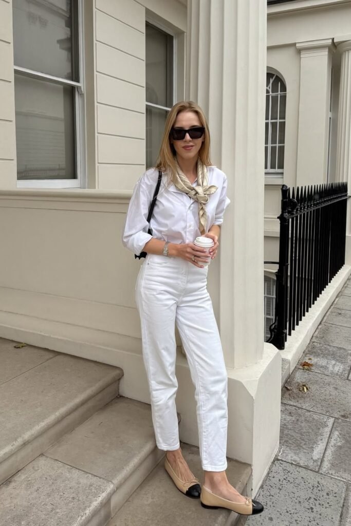 White Button-Down Shirt + White Straight-Leg Jeans + Two-Tone Ballet Flats