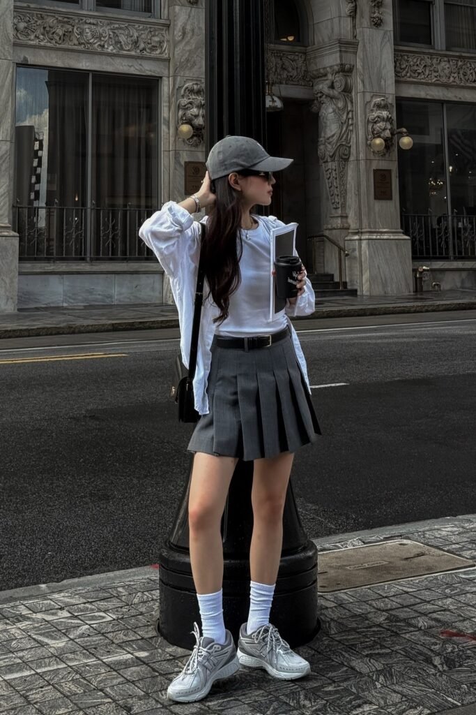 White Button-Down Shirt + White T-Shirt + Grey Pleated Mini Skirt + Grey Athletic Sneakers