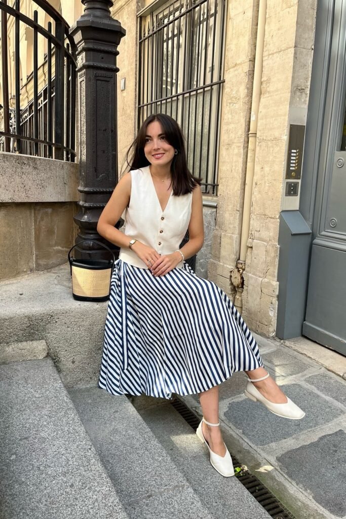 White Button-Up Vest + Blue and White Striped Pleated Midi Skirt + White Square-Toe Flats