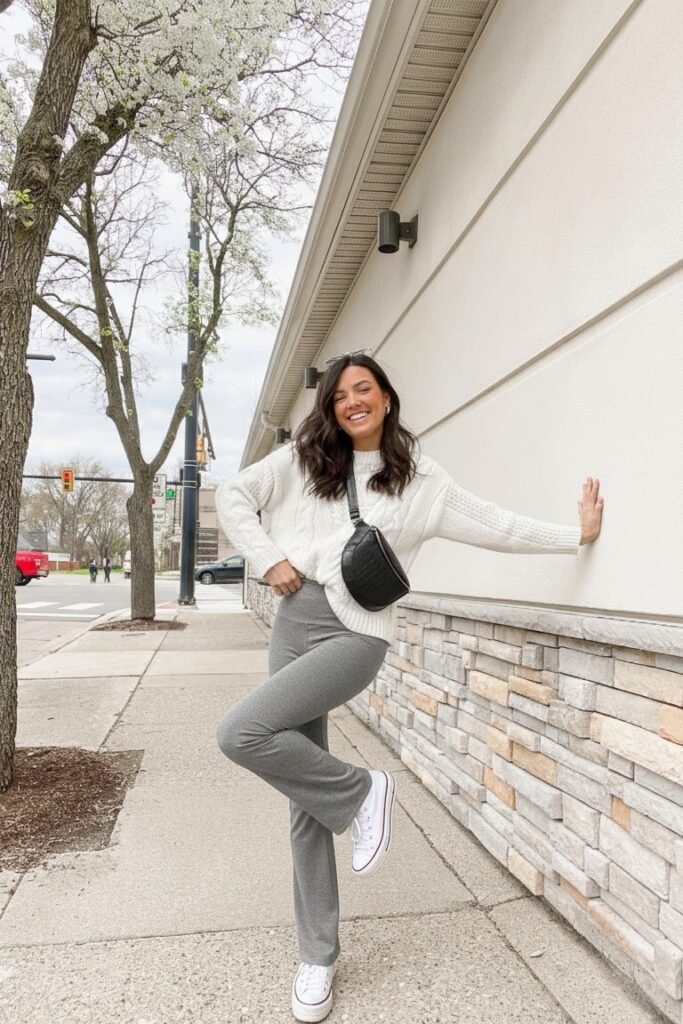 White Cable Knit Sweater + Grey Flared Leggings + White Sneakers