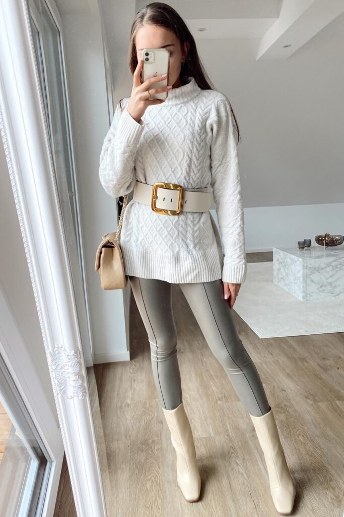White Cable-Knit Sweater + Sage Green Leggings + Cream Square-Toe Boots