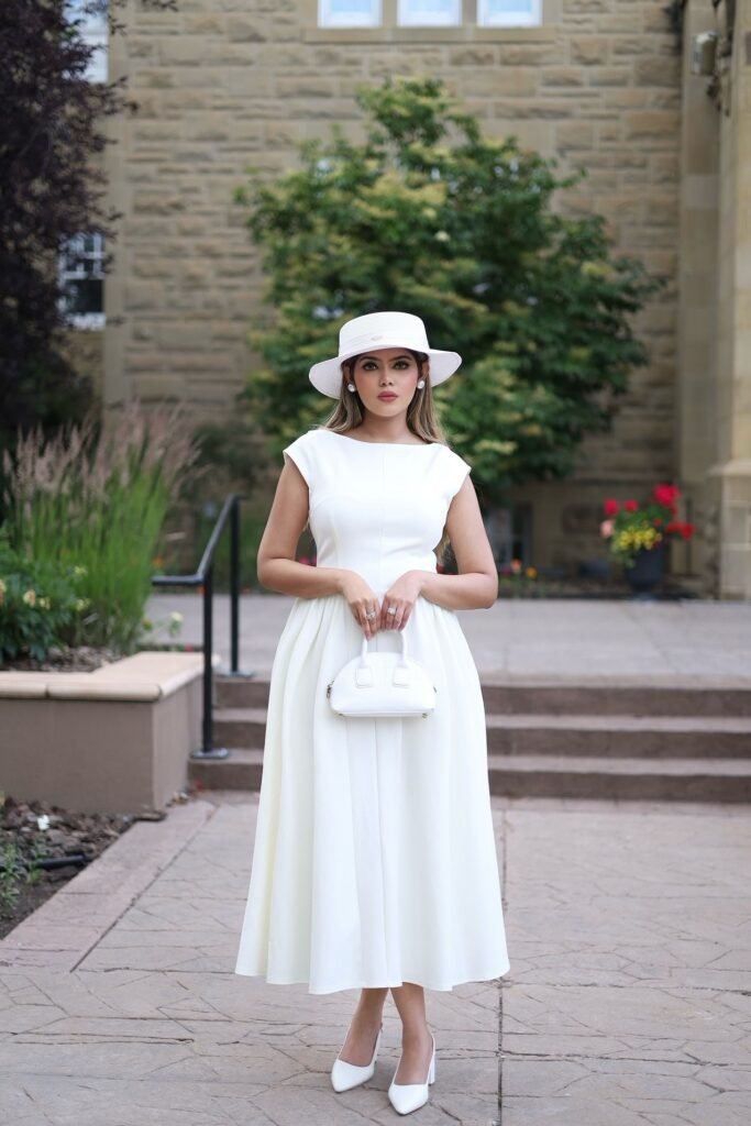White Cap-Sleeve A-Line Midi Dress + White Wide-Brim Hat + White Pointed-Toe Pumps