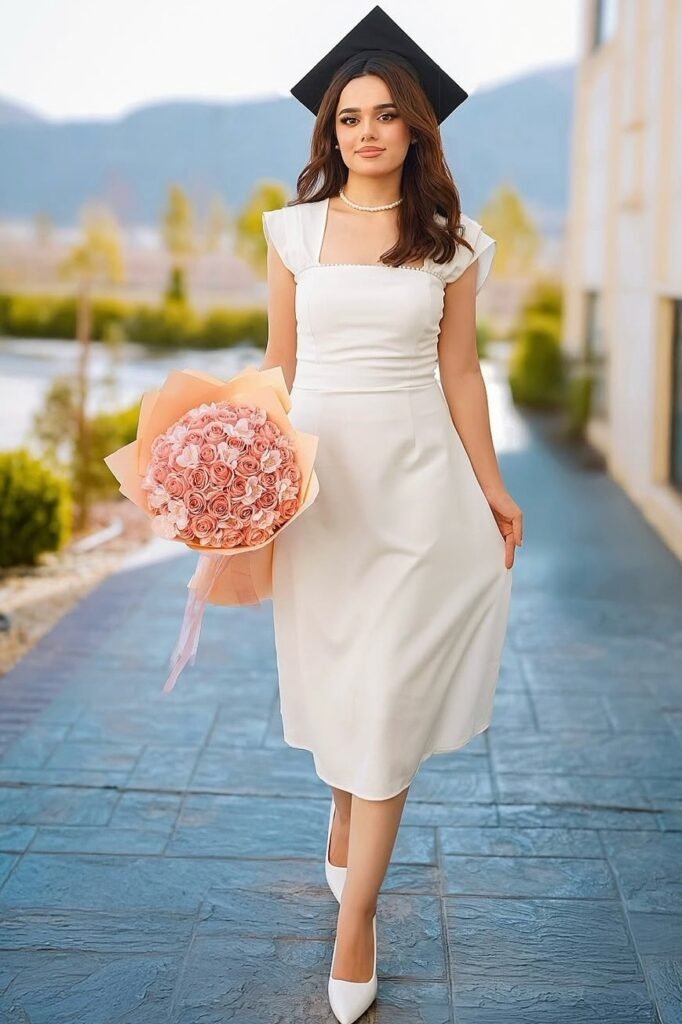 White Cap-Sleeve Midi Dress + Graduation Cap + White Pointed-Toe Pumps