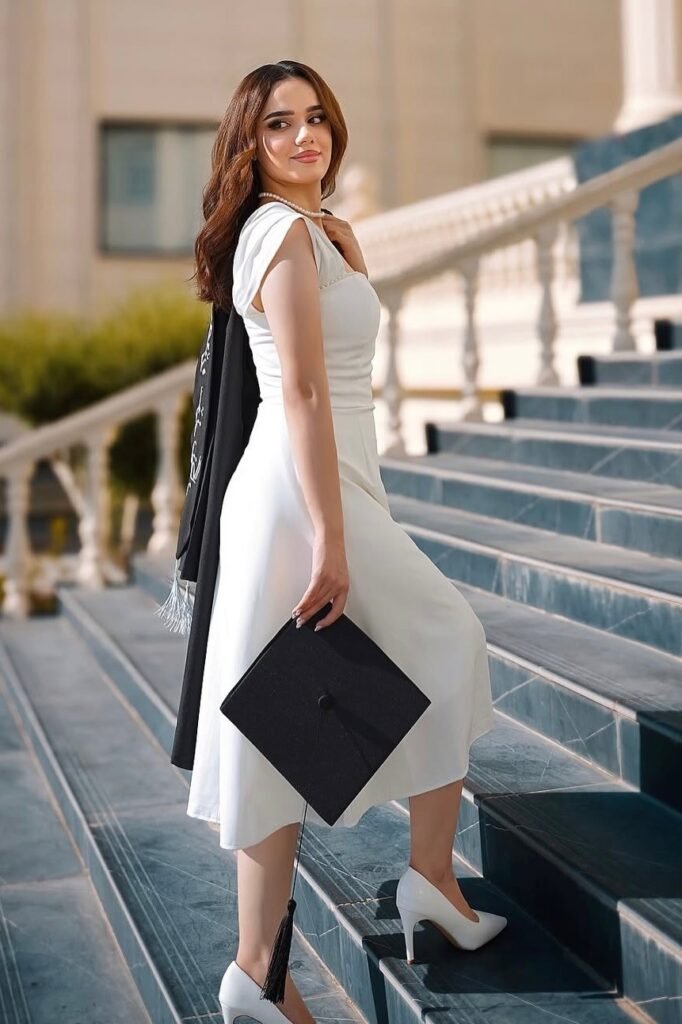 White Cap-Sleeve Midi Dress + White Pointed-Toe Pumps + Black Graduation Cap