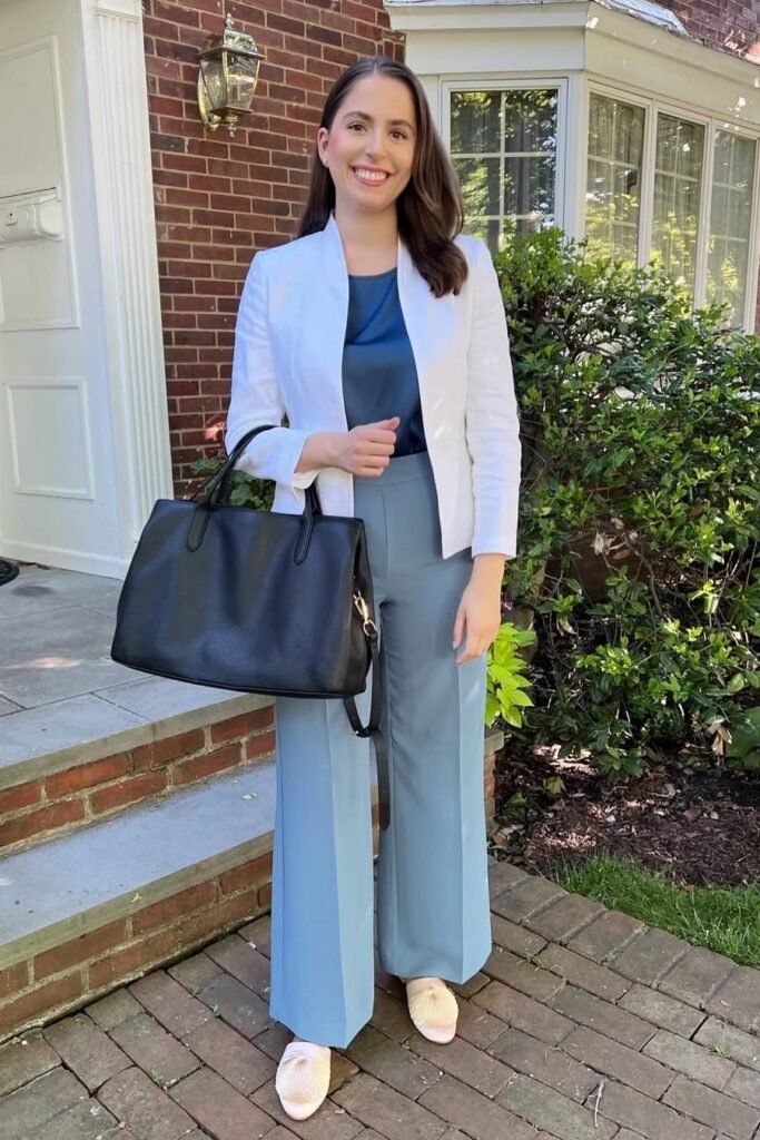 White Collarless Blazer + Teal Silk Top + Light Blue Wide-Leg Trousers + Cream Pointed Mules