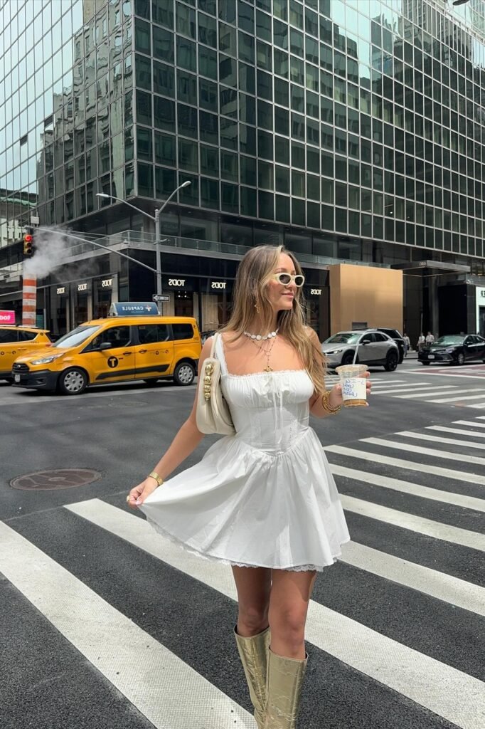 White Corset Mini Dress + Gold Knee-High Boots + White Shoulder Bag