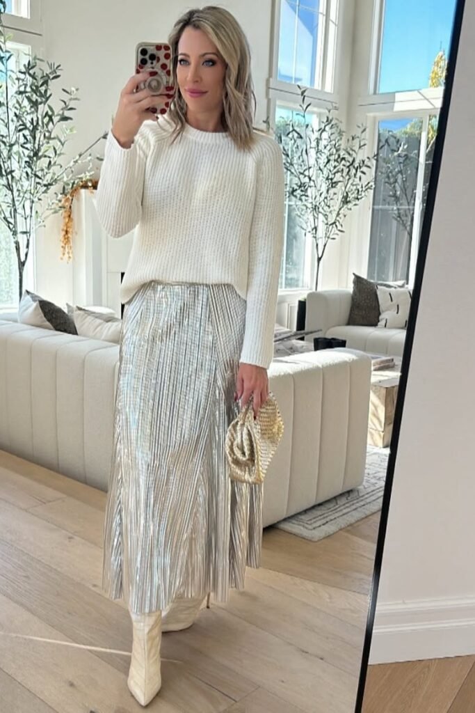 White Crewneck Knit Sweater + Silver Metallic Pleated Maxi Skirt + Cream Pointed-Toe Boots