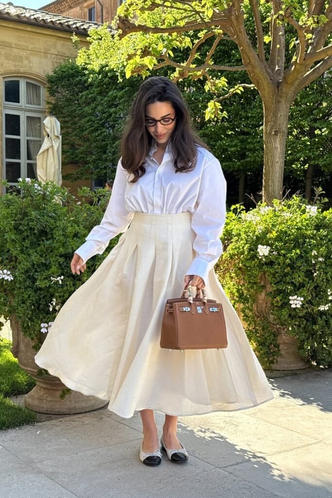 White Crisp Button-Down Shirt + Cream Pleated A-Line Skirt + Two-Tone Ballet Flats