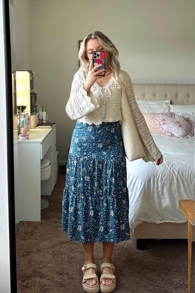 White Crochet Tie-Front Cardigan + Blue Floral Tiered Midi Skirt + Beige Platform Sandals
