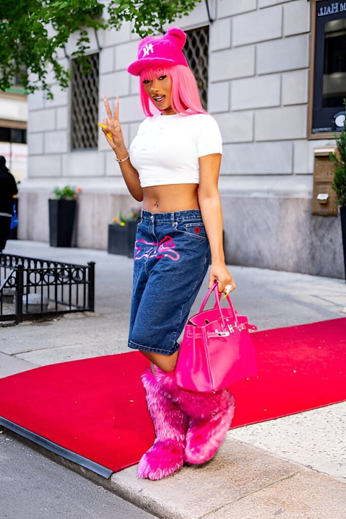 White Crop Top + Denim Long Shorts + Pink Furry Boots and Accessories