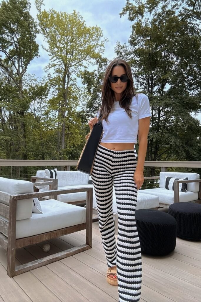 White Cropped T-Shirt + Black and White Horizontal Striped Flare Pants + Tan Platform Sandals