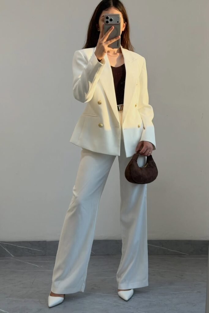 White Double-Breasted Blazer + Black Scoop-Neck Top + White Wide-Leg Trousers + White Pointed-Toe Heels