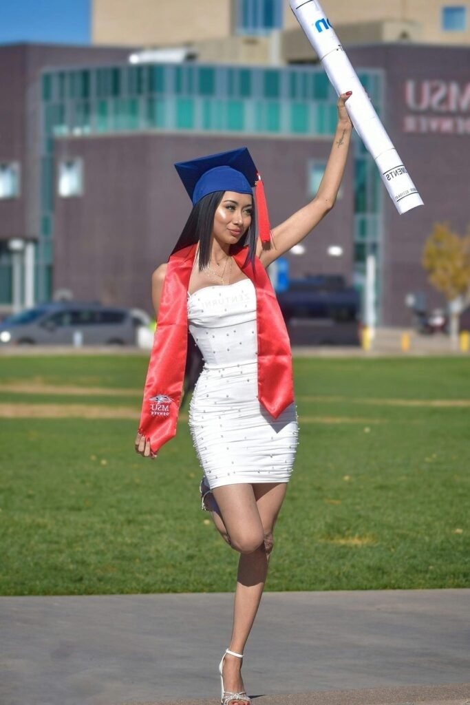 White Embellished Bodycon Mini Dress + Red Graduation Sash + Blue Graduation Cap + White Strappy Heels